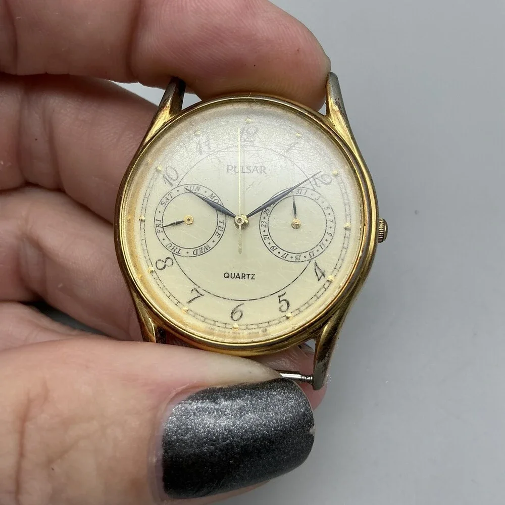 Pulsar Mens Watch 32mm Cream Dial Gold Tone Day Date V336-7000 For Parts